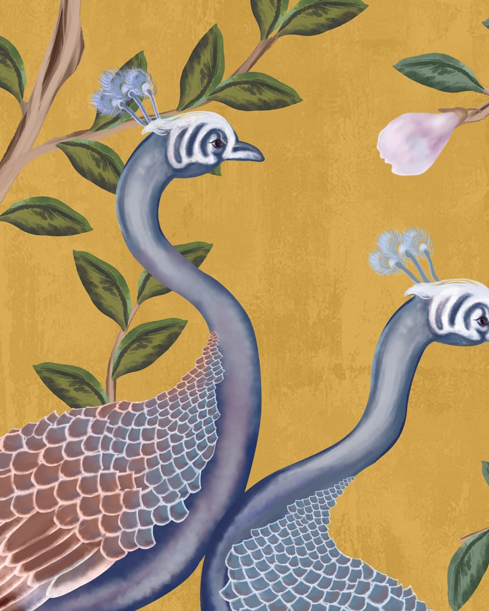Morni, Peacock and Flowers Chinoiserie Design for Walls, Yellow - Marble Lotus - Morni, Peacock and Flowers Chinoiserie Design, Yellow