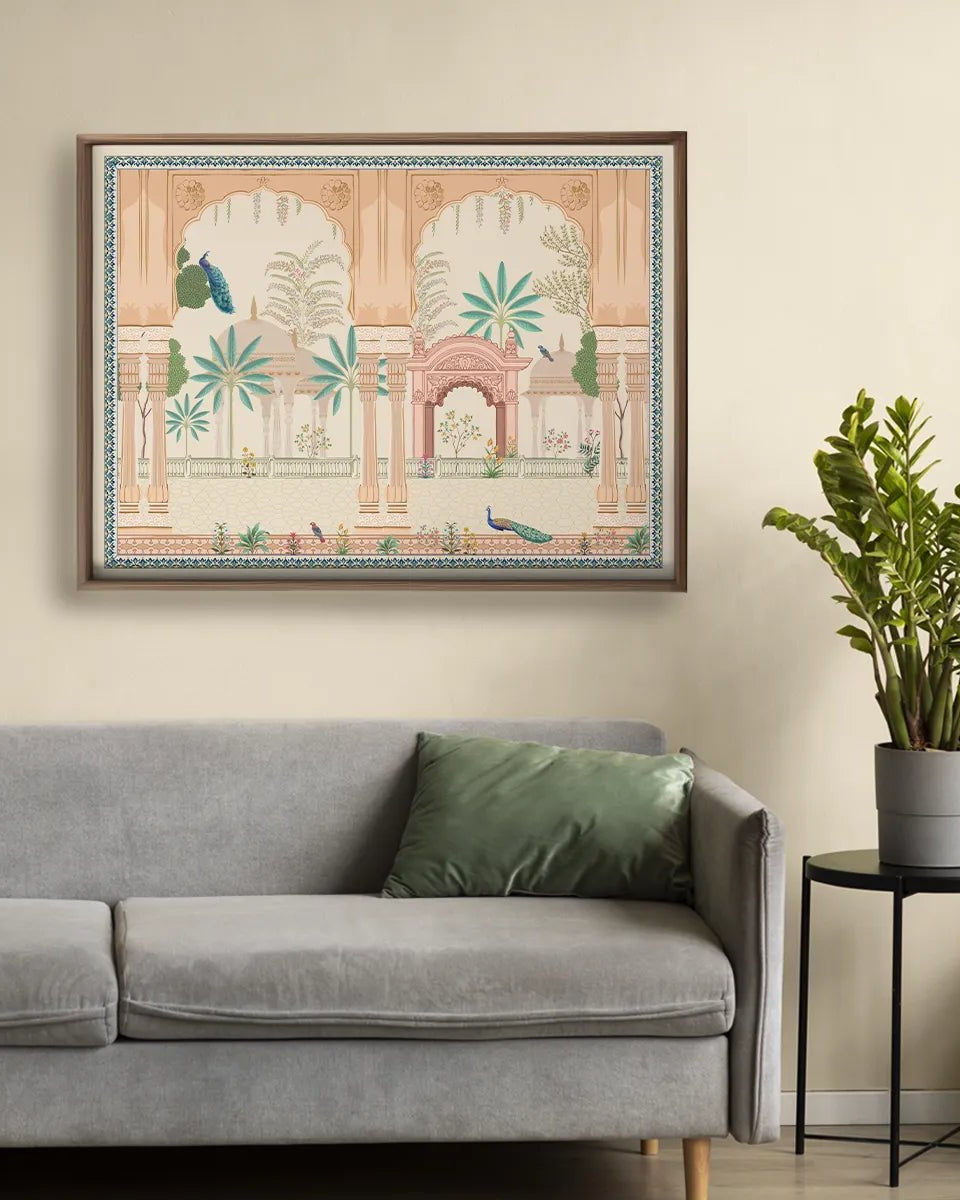 Mughal Garden With Peacock, Indian Frameless Painting Wall Art Digital Print Poster 36 x 48 inches - Marble Lotus - Shop Mughal Garden With Peacock, Indian Painting Wall Art from Marble Lotus