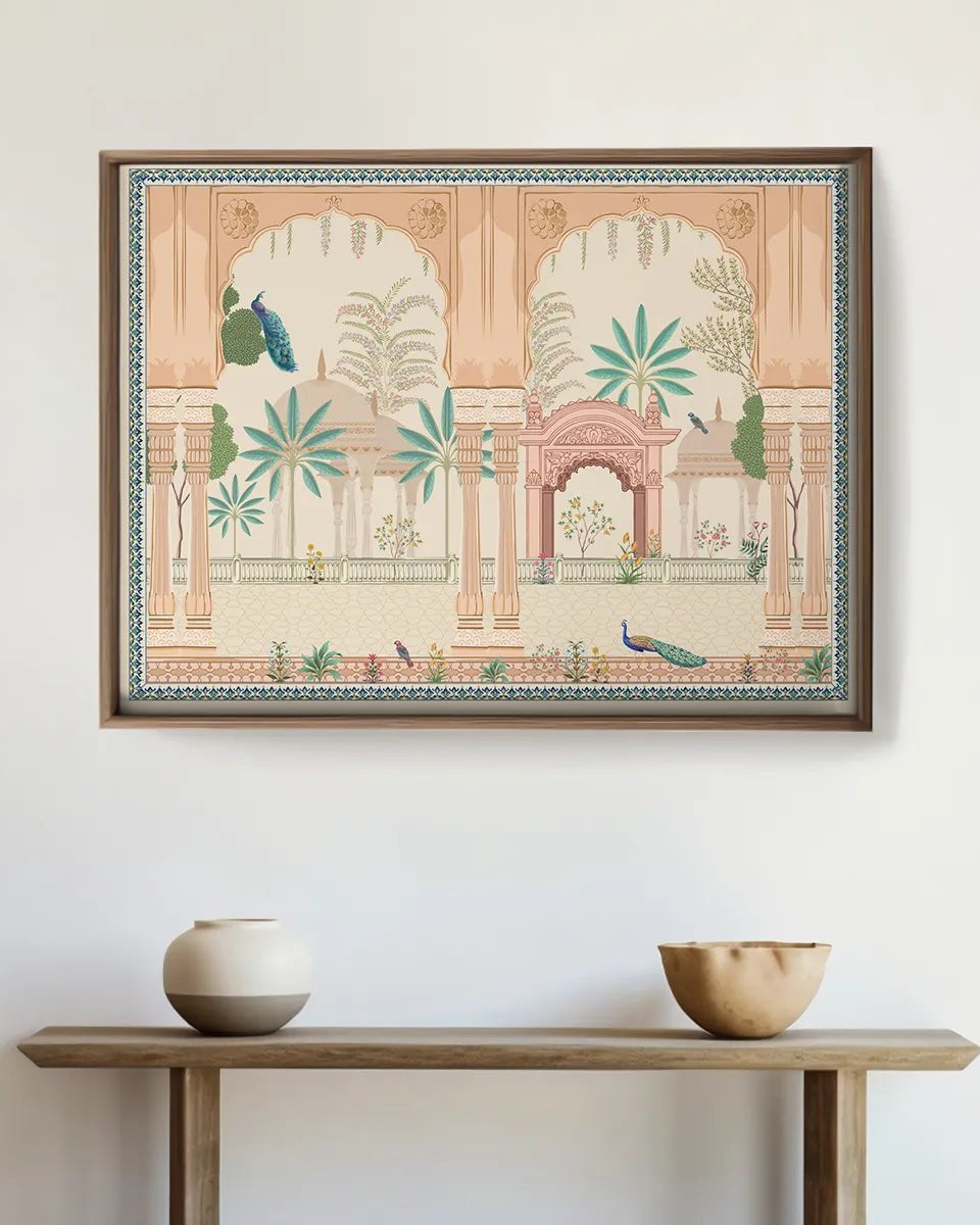 Mughal Garden With Peacock, Indian Frameless Painting Wall Art Digital Print Poster 36 x 48 inches - Marble Lotus - Mughal Garden With Peacock Painting