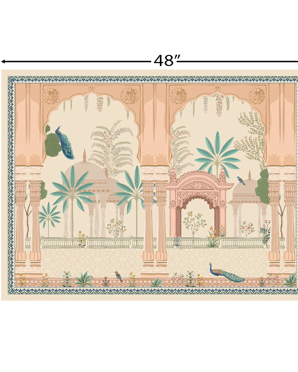 Mughal Garden With Peacock, Indian Frameless Painting Wall Art Digital Print Poster 36 x 48 inches - Marble Lotus - Mughal Garden With Peacock, Indian Painting Wall Art
