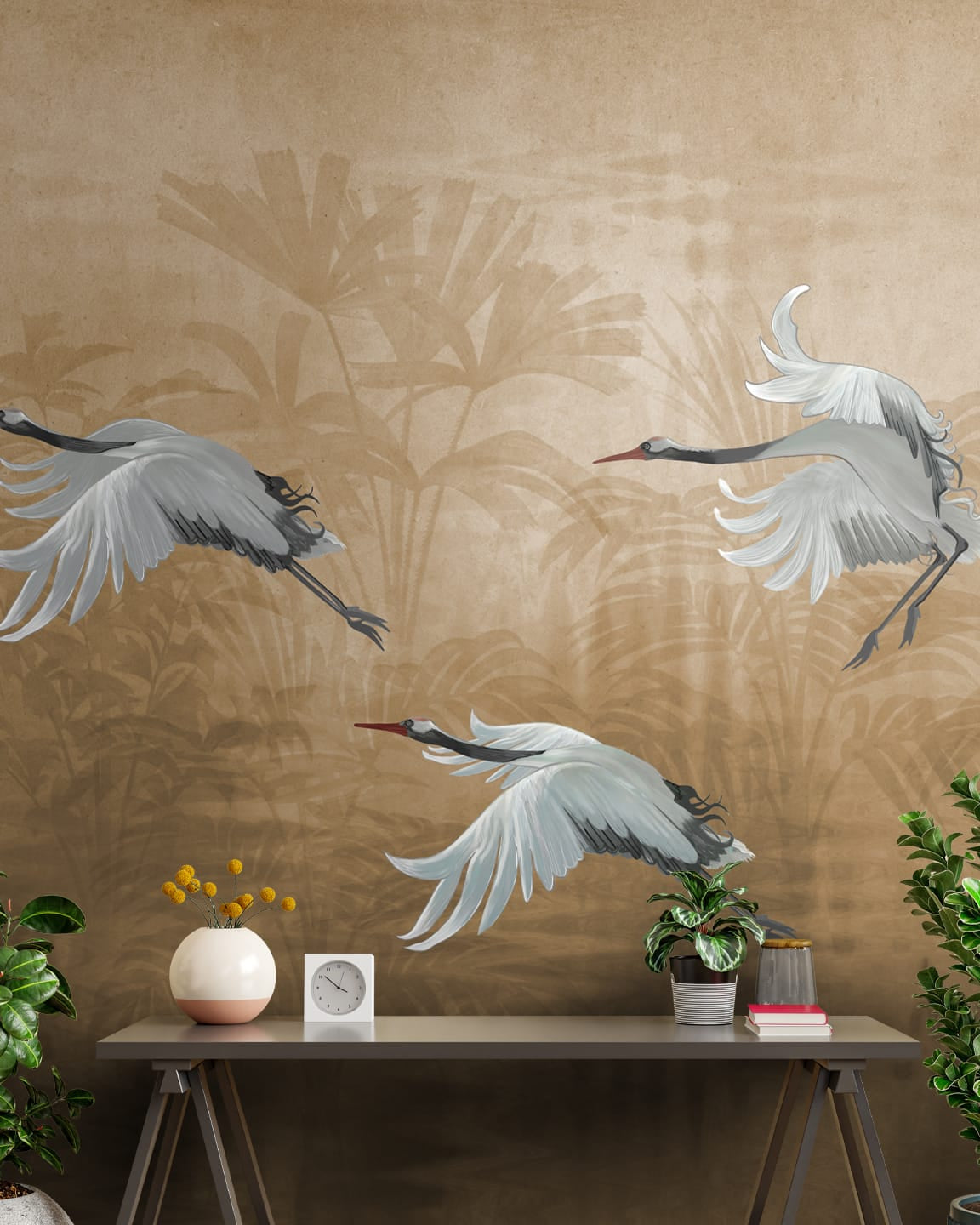 Musafir Beautiful Cranes Brown Wallpaper - Marble Lotus - Musafir, Beautiful Cranes Wallpaper