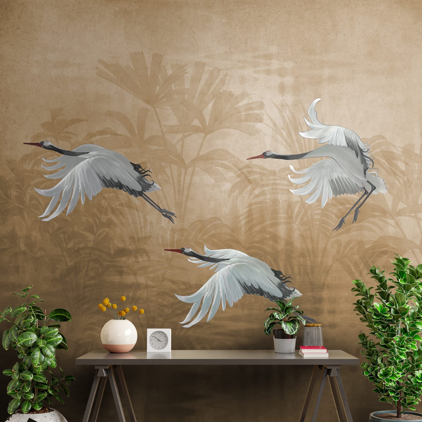 Musafir Beautiful Cranes Brown Wallpaper - Marble Lotus - Musafir, Beautiful Cranes Wallpaper