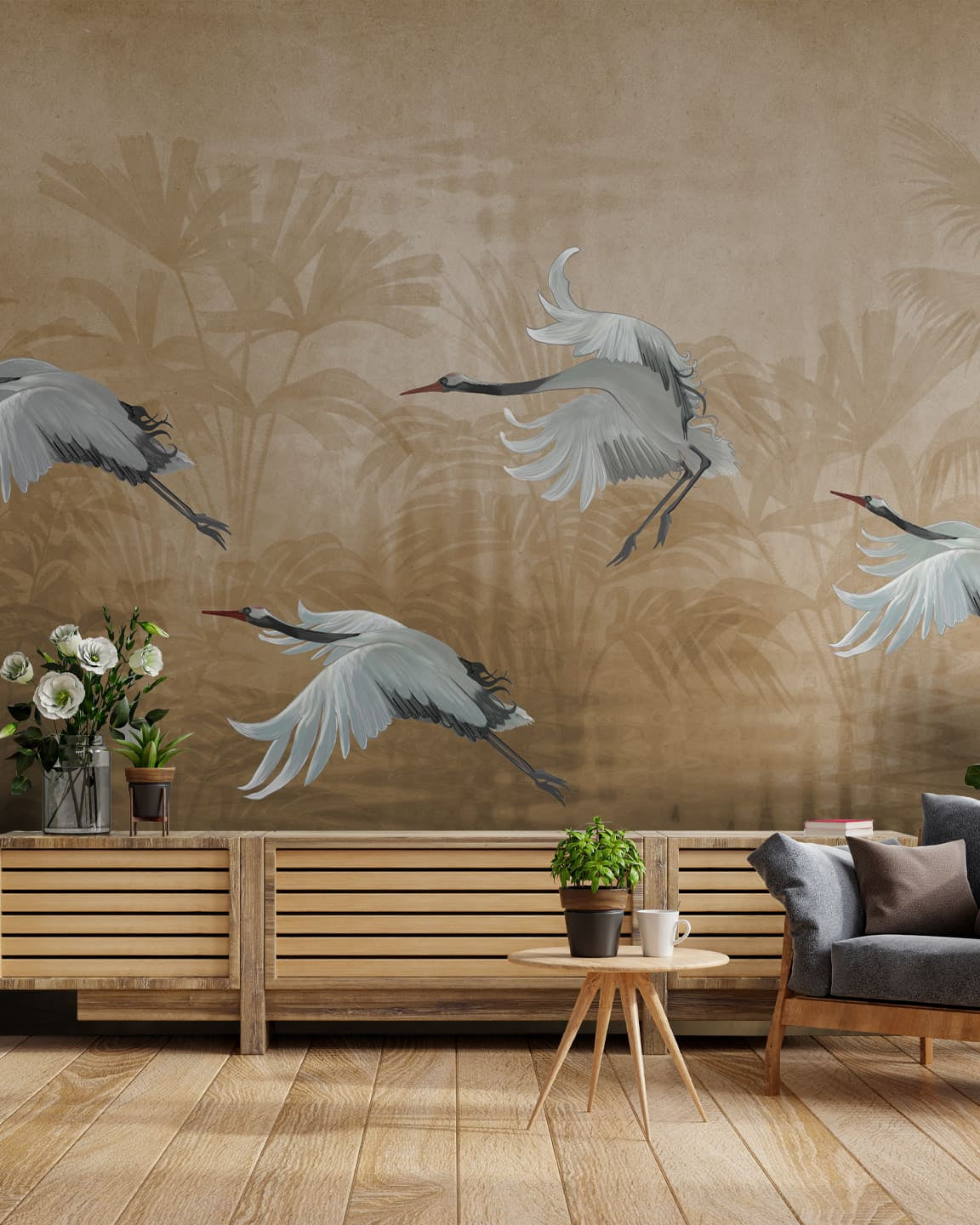 Musafir Beautiful Cranes Brown Wallpaper - Marble Lotus - Buy Musafir Migrating Cranes Wallpaper