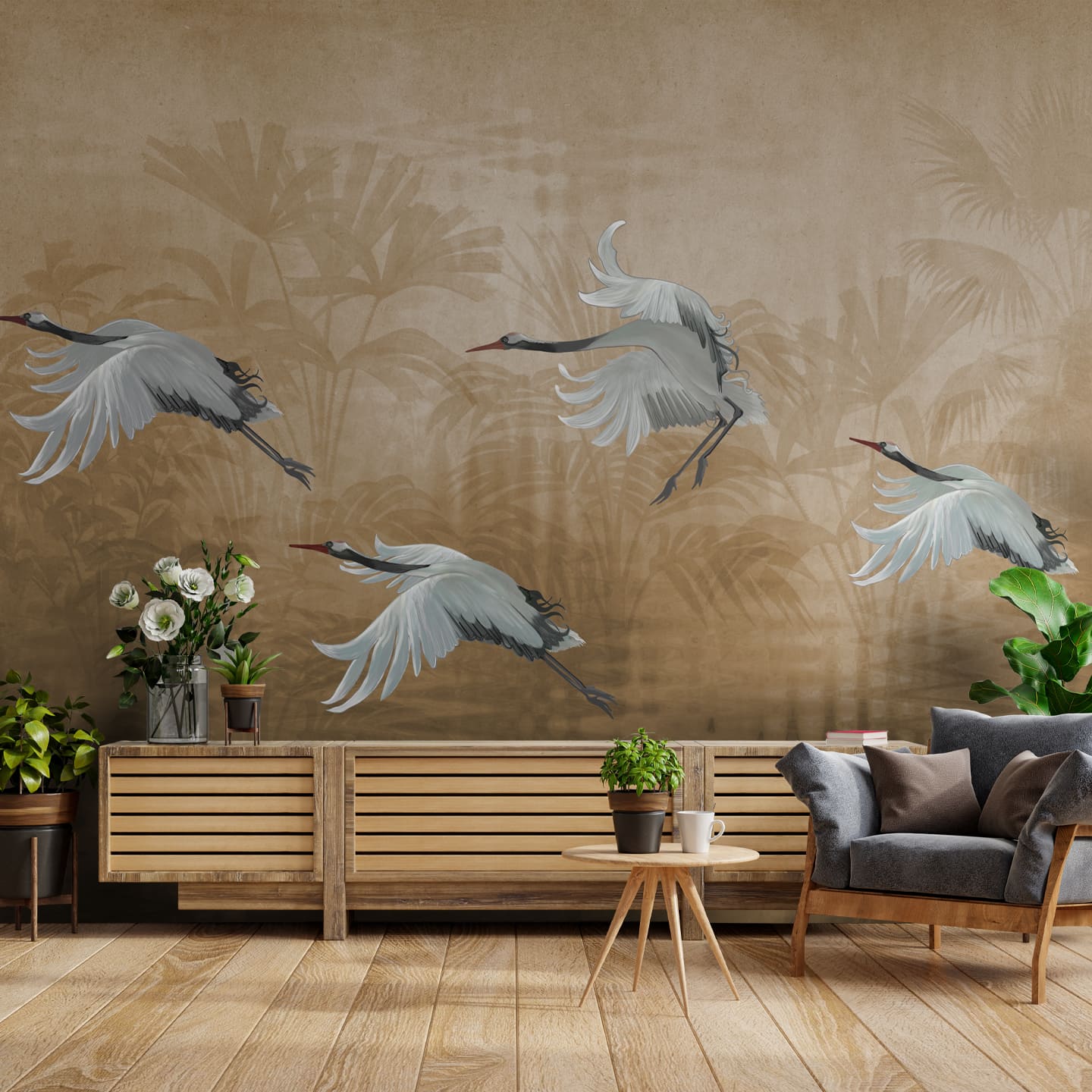 Musafir Beautiful Cranes Brown Wallpaper - Marble Lotus - Buy Musafir Migrating Cranes Wallpaper