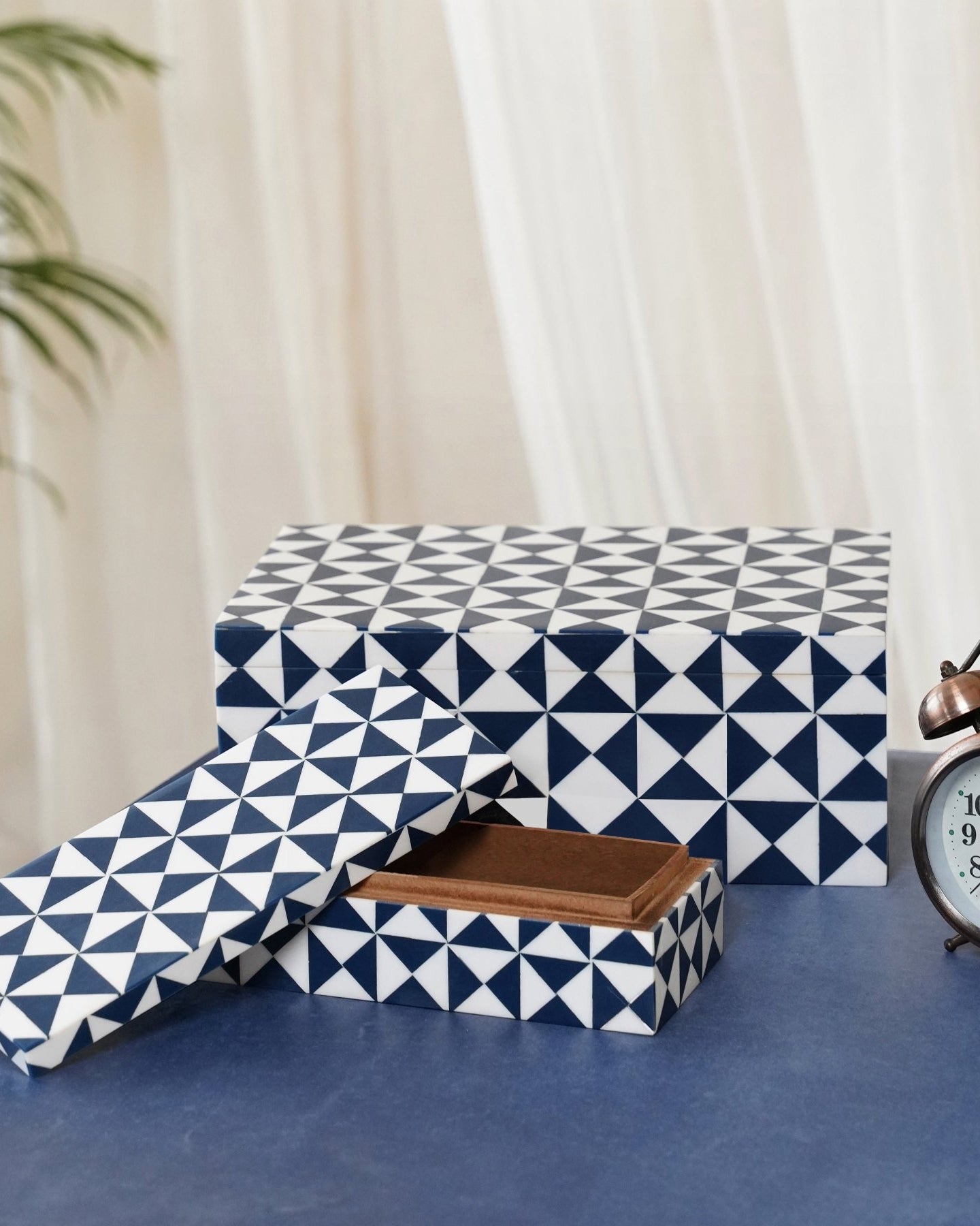 Navy Blue Wooden Inlay Box (Set of 2) - Marble Lotus - Blue Wooden Inlay Box