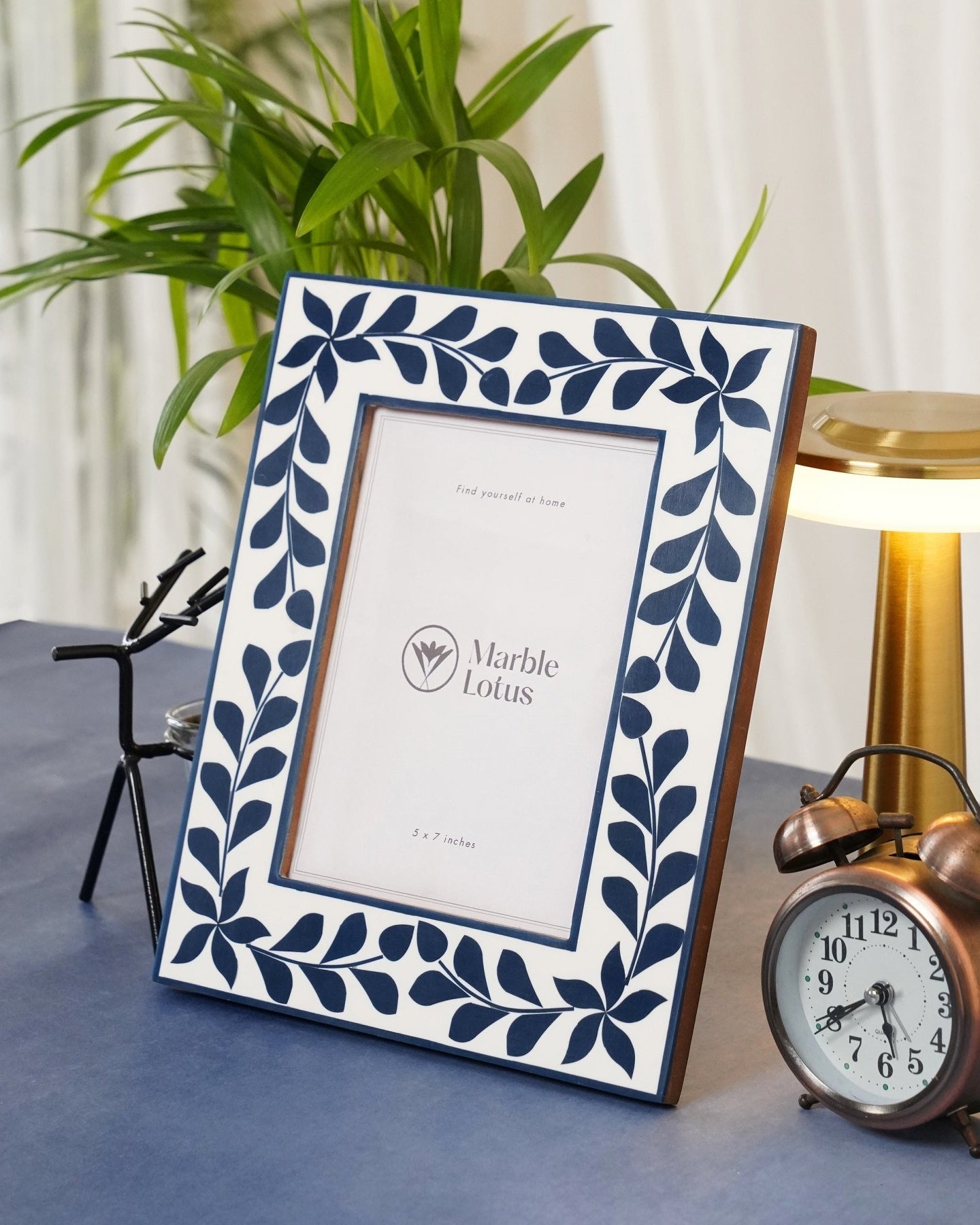 Navy Blue Wooden Inlay Frame - Marble Lotus - Navy Blue Wooden Inlay Frame