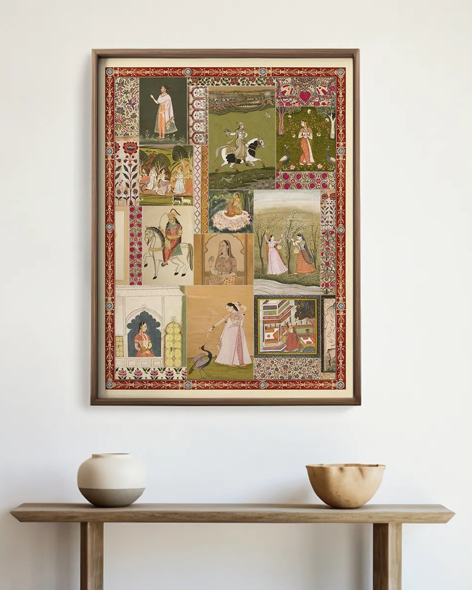 Netri Vintage Indian Painting Wall Art Frameless Digital Print Poster 36 x 48 inches - Marble Lotus - Neutral Floral Painting