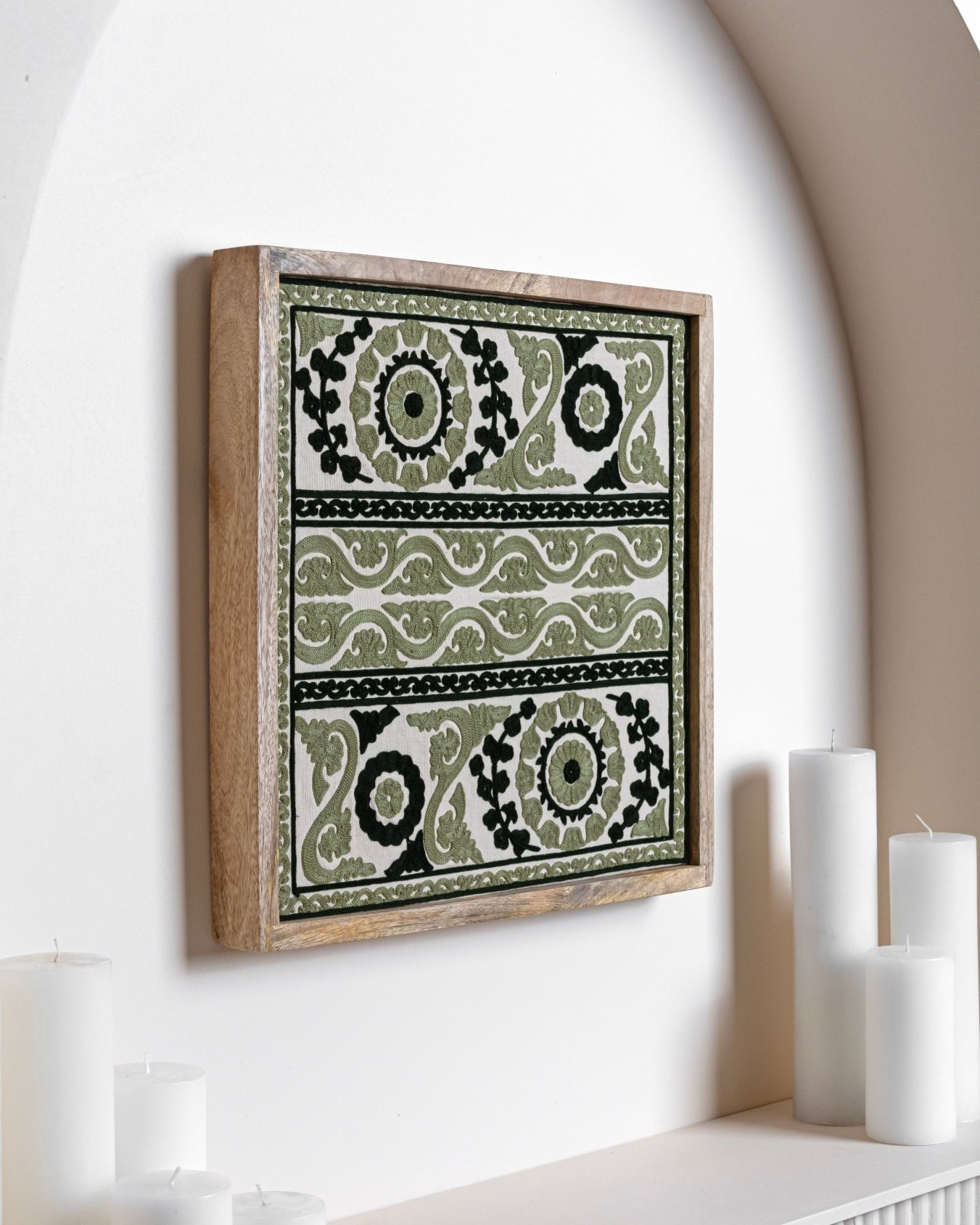 Olive Framed Suzani Textile 16x16" - Marble Lotus - Suzani Textile | Green Framed Textile Art 16x16"