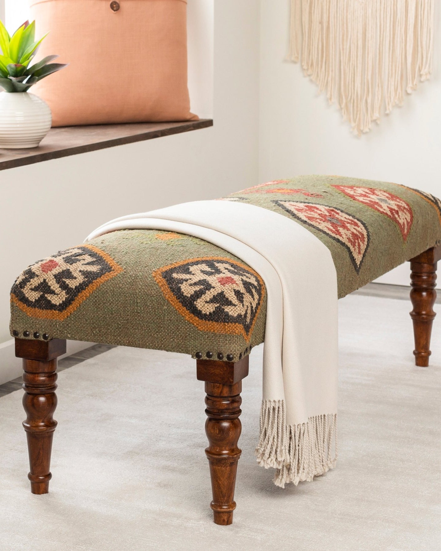 Olive Green Ikat Bench - Marble Lotus - Olive Green Ikat Bench