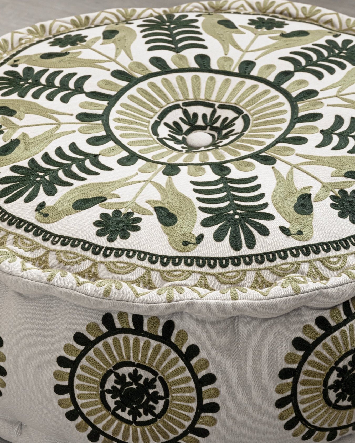 Olive Suzani Pouf Fauna - Marble Lotus - Suzani Ottoman | Meditation Pouf | Stackable Pouf | Green | Handmade