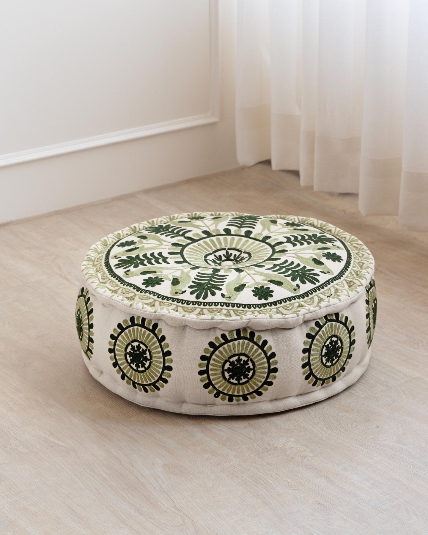 Olive Suzani Pouf Fauna - Marble Lotus - Suzani Ottoman | Meditation Pouf | Stackable Pouf | Green | Handmade