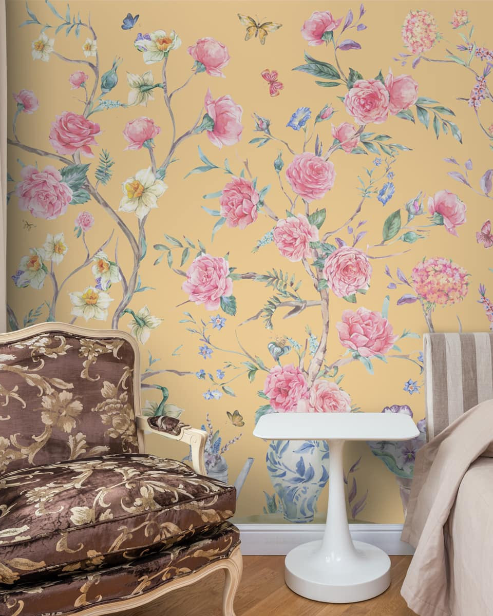Oriental Yellow Chinoiserie Wallpaper for Walls - Marble Lotus - Oriental Yellow Chinoiserie Wallpaper for Walls