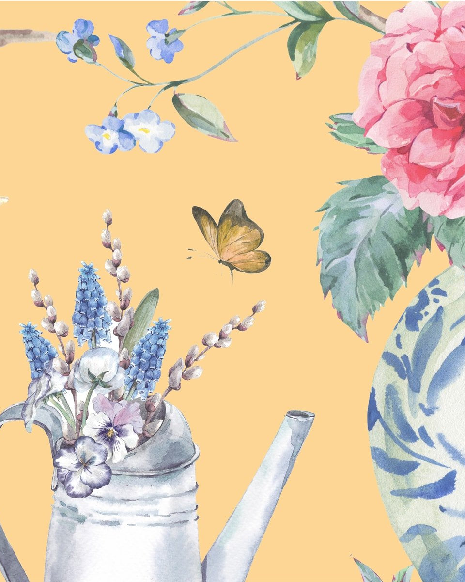 Oriental Yellow Chinoiserie Wallpaper for Walls - Marble Lotus - Oriental Yellow Chinoiserie Wallpaper for Walls