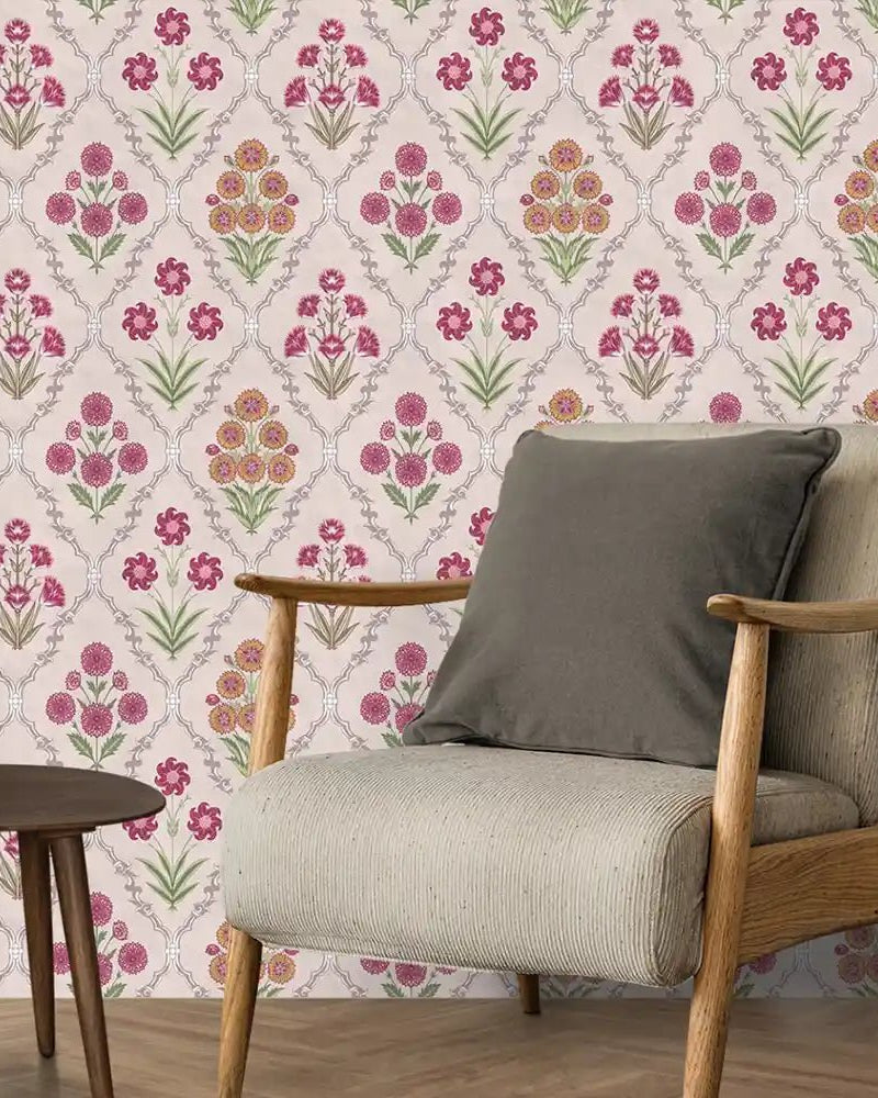 Phulwari Indian Design Wallpaper Roll in Pink Color - Marble Lotus - Phulwari Indian Design Wallpaper Roll in Pink Color for rooms