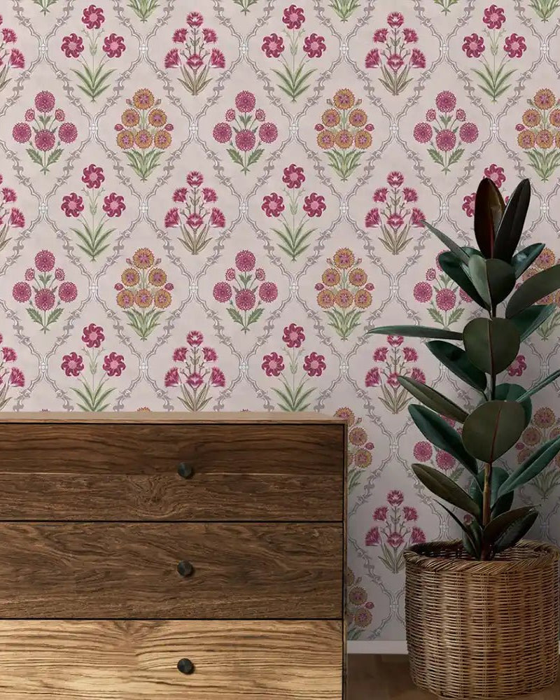 Phulwari Indian Design Wallpaper Roll in Pink Color - Marble Lotus - Buy Phulwari Indian Design Wallpaper Roll in Pink Color