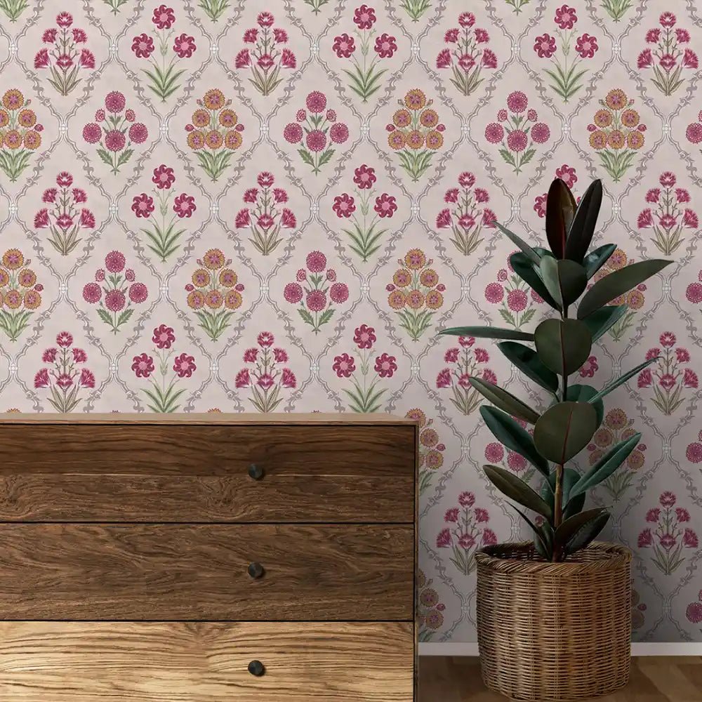 Phulwari Indian Design Wallpaper Roll in Pink Color - Marble Lotus - Buy Phulwari Indian Design Wallpaper Roll in Pink Color