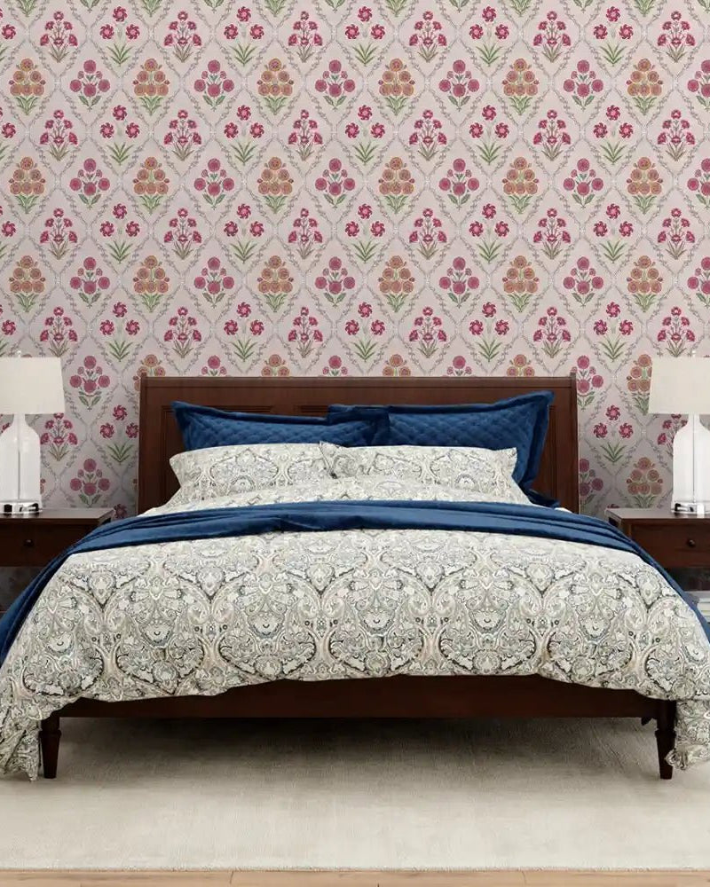 Phulwari Indian Design Wallpaper Roll in Pink Color - Marble Lotus - Phulwari Indian Design Wallpaper Roll in Pink Color