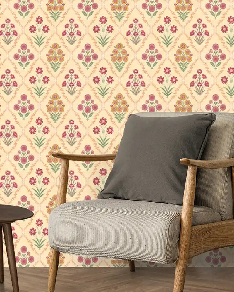 Phulwari Indian Design Wallpaper Roll in Yellow Color - Marble Lotus - Shop Phulwari Indian Design Wallpaper Roll in Yellow Color