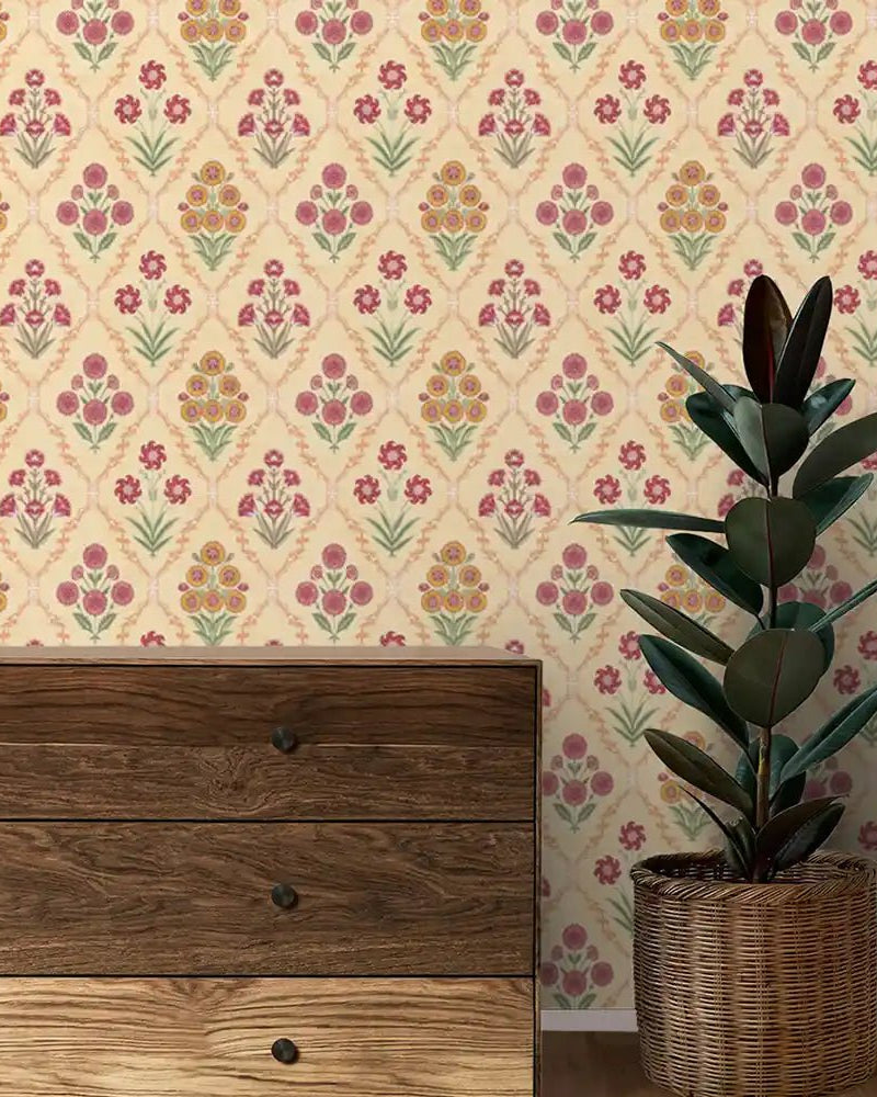 Phulwari Indian Design Wallpaper Roll in Yellow Color - Marble Lotus - Phulwari Indian Design Wallpaper Roll in Yellow Color