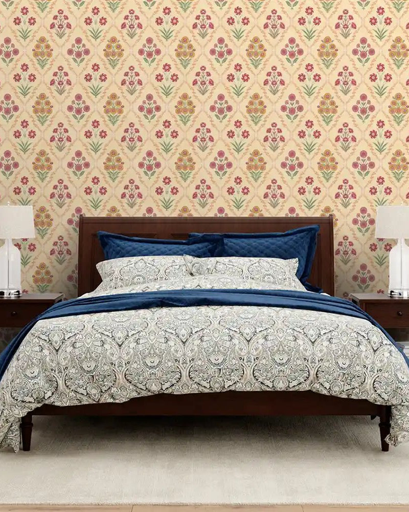 Phulwari Indian Design Wallpaper Roll in Yellow Color - Marble Lotus - Phulwari Indian Design Wallpaper Roll in Yellow Color walls