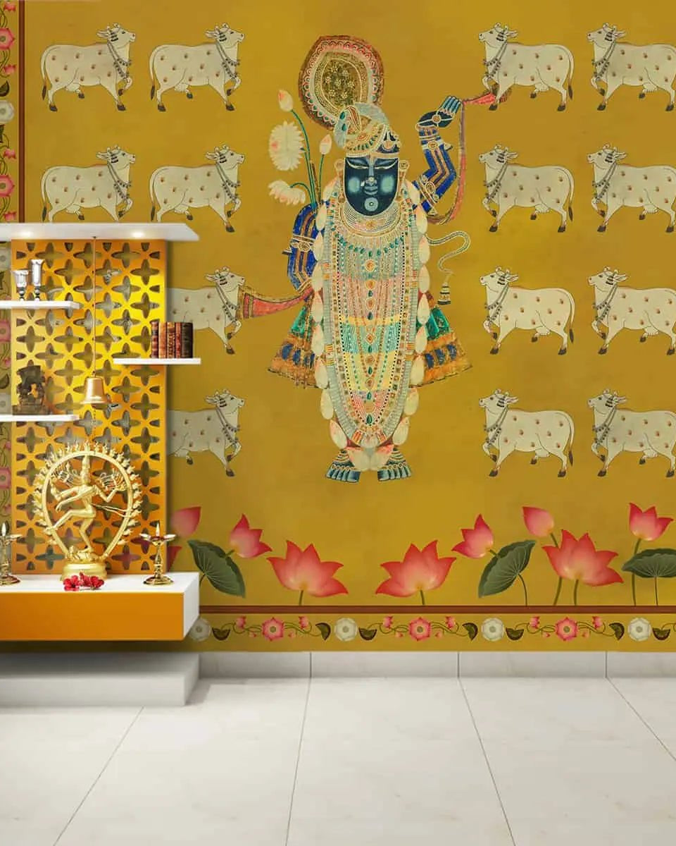 Pichwai Shrinathji Room Wallpaper With Cows - Marble Lotus - Buy Pichwai Shrinathji Room Wallpaper With Cows