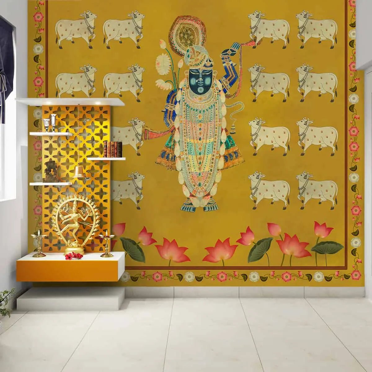 Pichwai Shrinathji Room Wallpaper With Cows - Marble Lotus - Buy Pichwai Shrinathji Room Wallpaper With Cows
