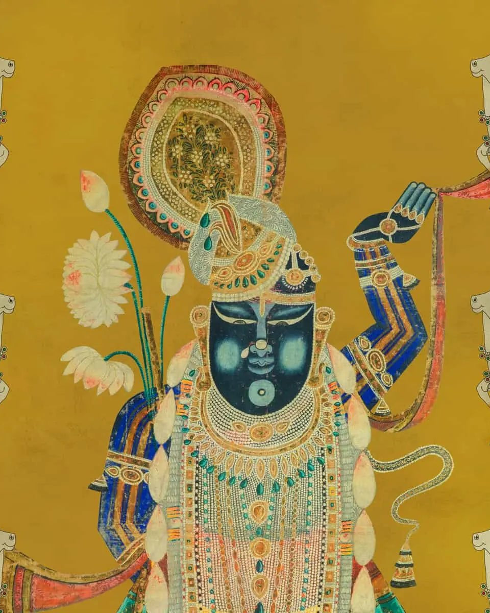 Pichwai Shrinathji Room Wallpaper With Cows - Marble Lotus - Closeup Pichwai Shrinathji Room Wallpaper With Cows