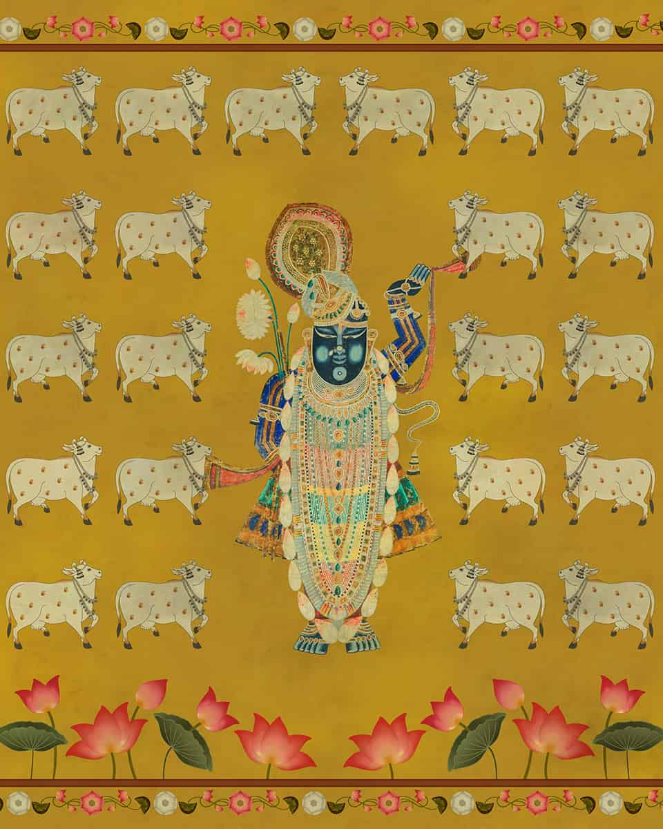 Pichwai Shrinathji Room Wallpaper With Cows - Marble Lotus - Pichwai Shrinathji Room Wallpaper With Cows by Life n Colors