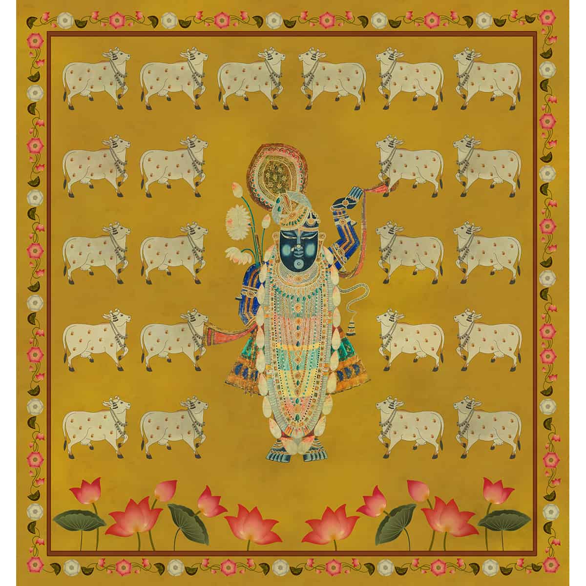 Pichwai Shrinathji Room Wallpaper With Cows - Marble Lotus - Pichwai Shrinathji Room Wallpaper With Cows by Life n Colors