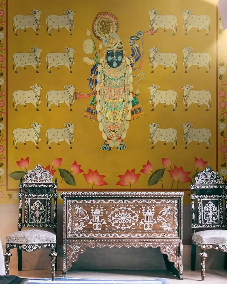 Pichwai Shrinathji Room Wallpaper With Cows - Marble Lotus - Pichwai Shrinathji Room Wallpaper With Cows