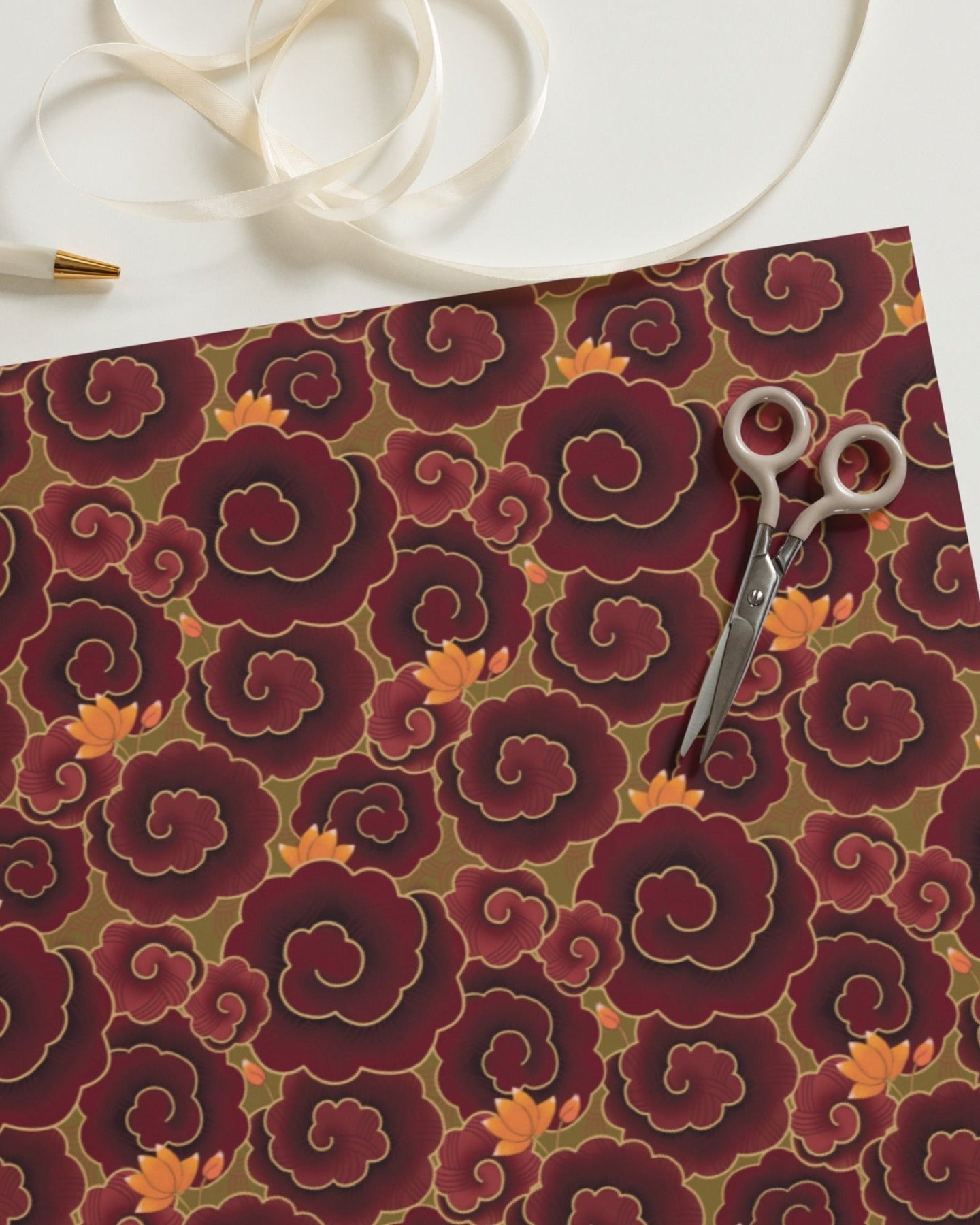 Pichwai Wrapping Paper - Maroon Swirls - Marble Lotus - Wrapping Sheets for Gifts
