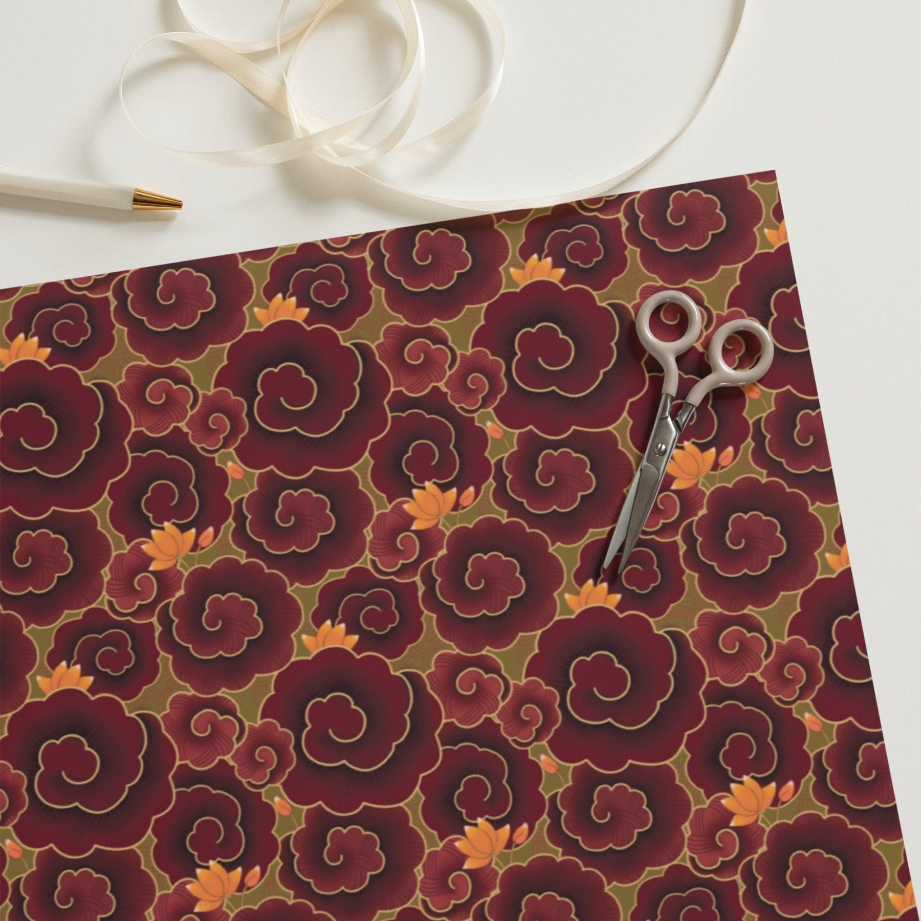 Pichwai Wrapping Paper - Maroon Swirls - Marble Lotus - Wrapping Sheets for Gifts