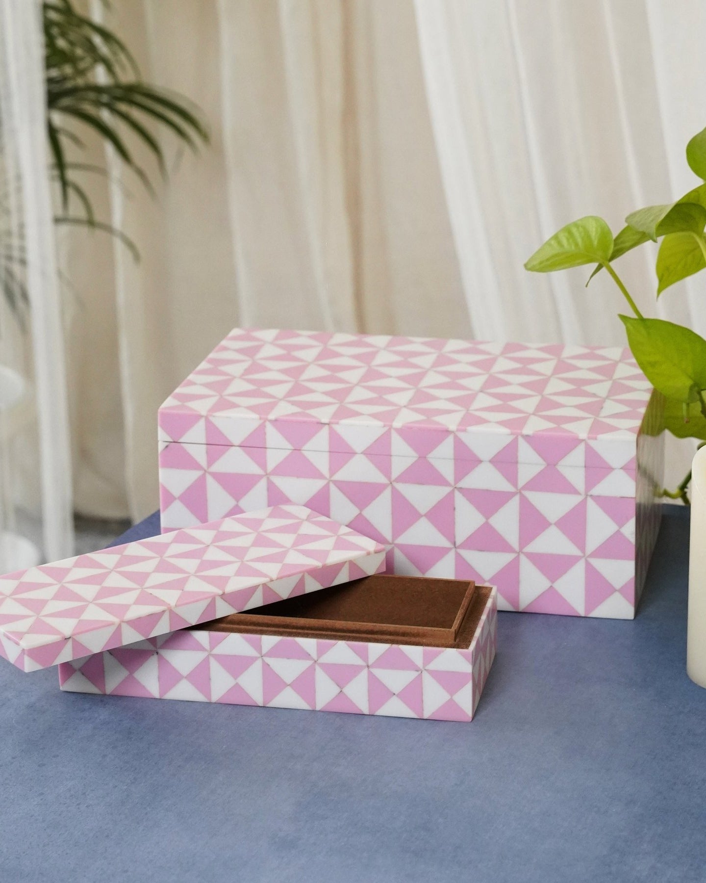 Pink Wooden Inlay Box (Set of 2) - Marble Lotus - Pink Wooden Inlay Box Set of 2