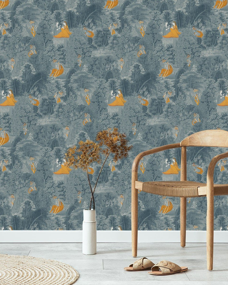 Raas Leela Secret Garden of Krishna's Love Blue Wallpaper - Marble Lotus - Buy Raas Leela Secret Garden of Krishna's Love Blue Wallpaper
