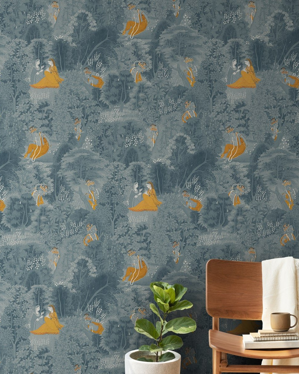 Raas Leela Secret Garden of Krishna's Love Blue Wallpaper - Marble Lotus - Shop Raas Leela Secret Garden of Krishna's Love Blue Wallpaper