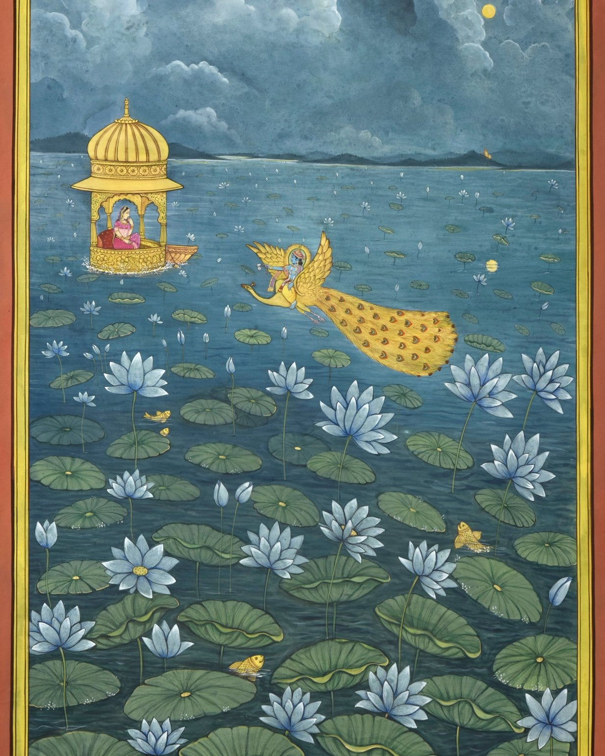 Radha Krishna Blue Lotus - Marble Lotus - Pichwai Painting | Radha Krishna Blue Lotus | Indian Art