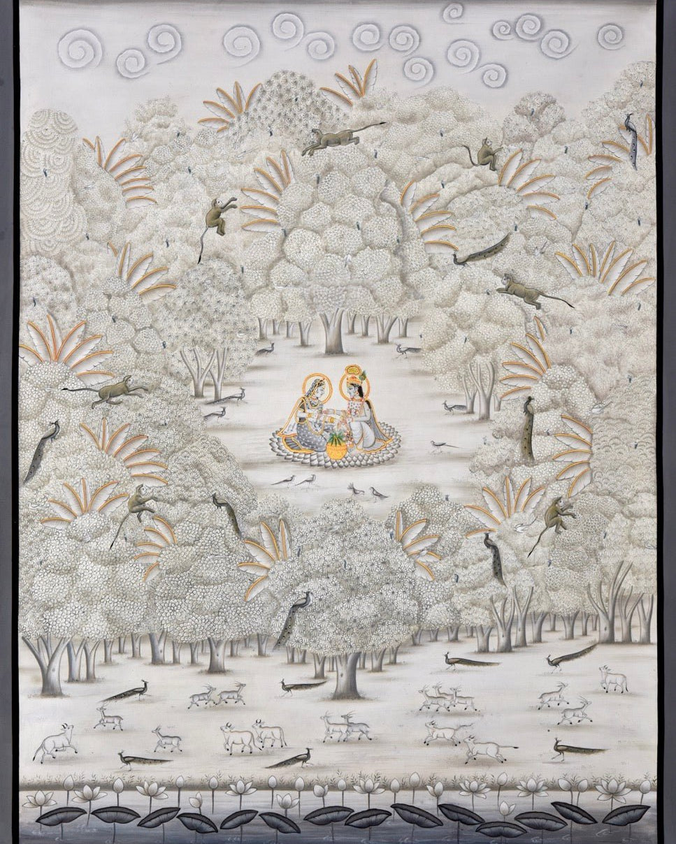 Radha Krishna in Neutral - Marble Lotus - Pichwai Painting | Radha Krishna in Neutral | Indian Art