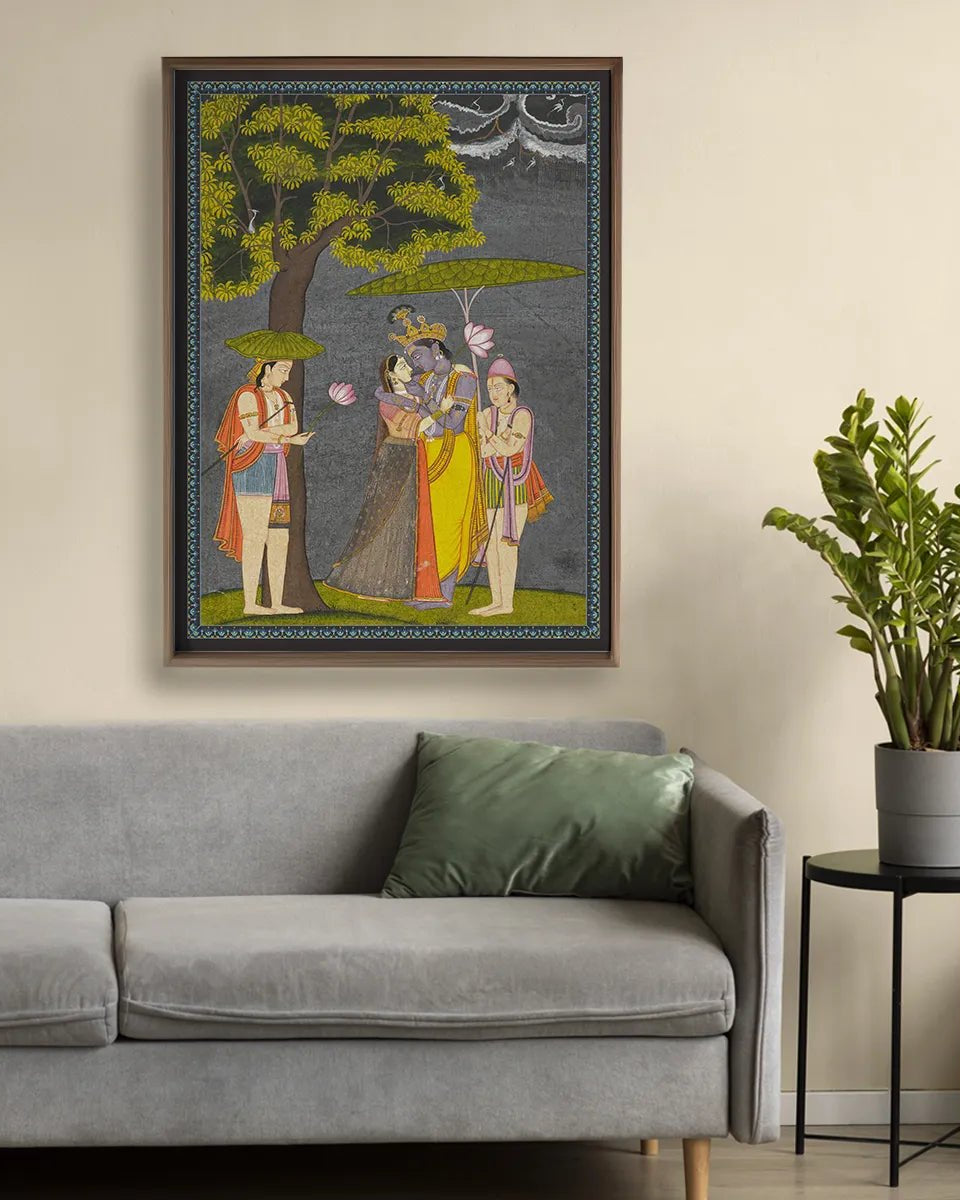 Radha Krishna Vintage Indian Painting Frameless Wall Art Digital Print Poster 36 x 48 inches - Marble Lotus - Radha Krishna Vintage Indian Painting Frameless Wall Art Digital