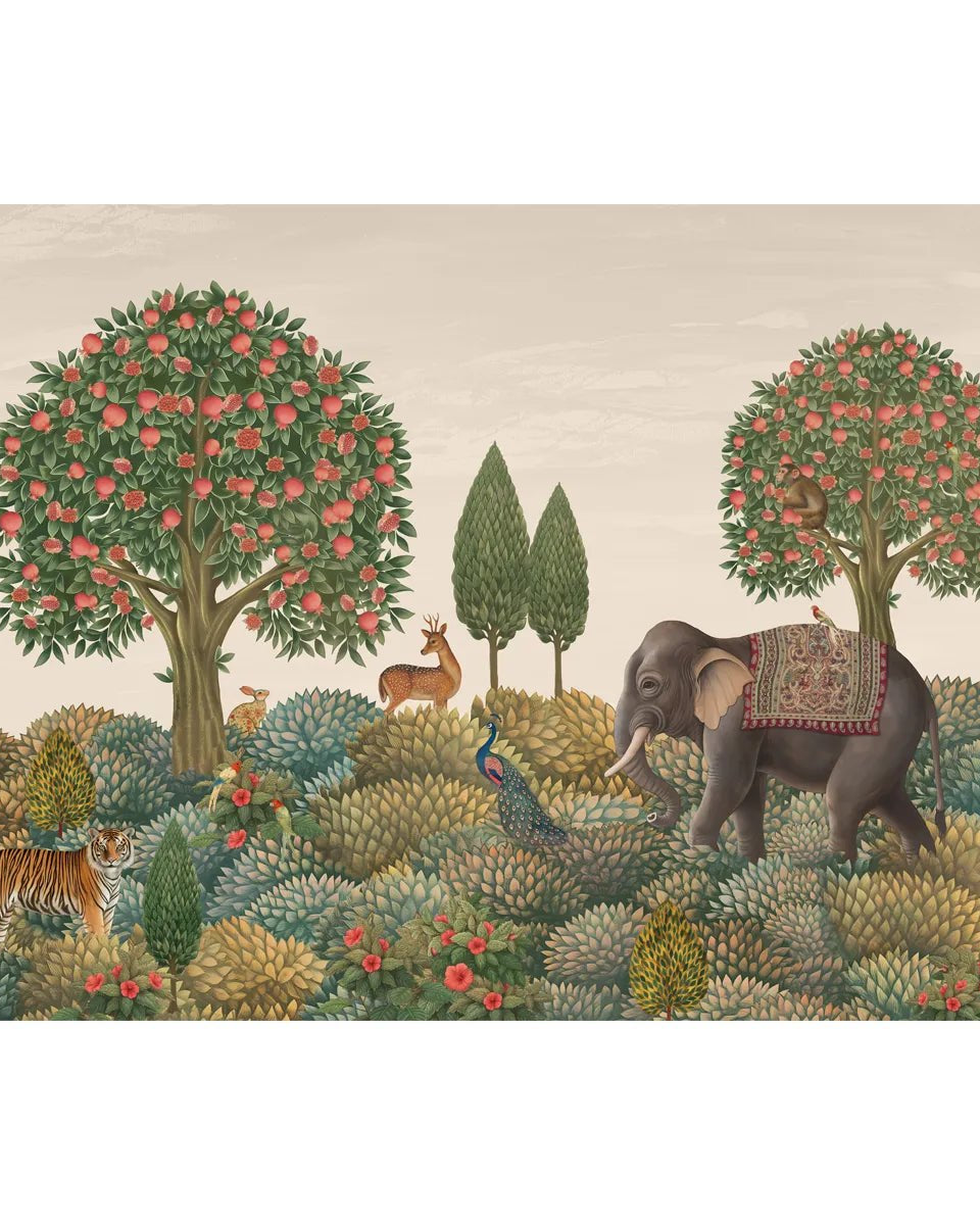 Rajasi Van, Indian Theme Customised Wallpaper for Walls - Marble Lotus - Rajasi Van, Indian Theme Wallpaper Customised, jungle, animals, elephant, tiger, peacock, tree, pichwai