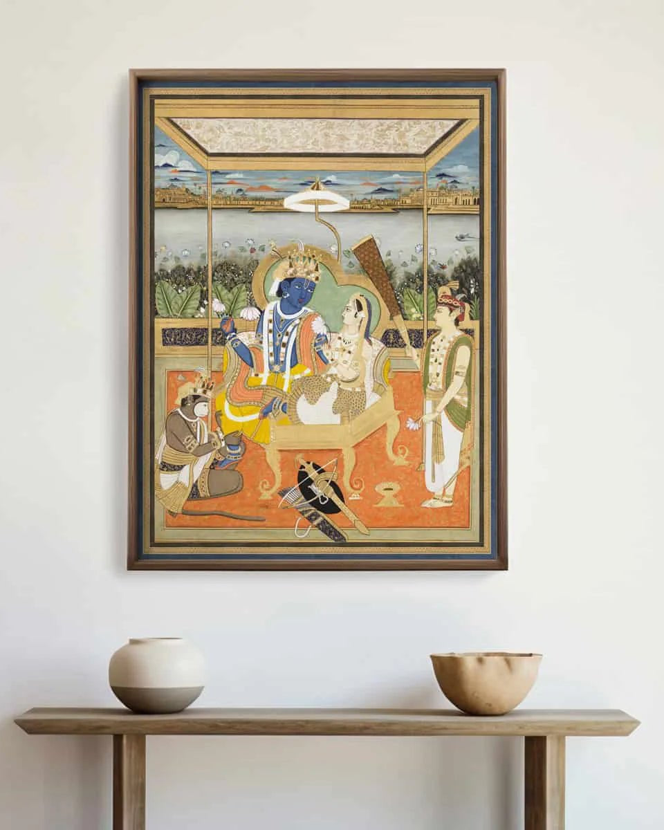 Ramayan Vintage Indian Painting Wall Art Frameless Digital Print Poster 36 x 48 inches - Marble Lotus - Ram Durbar Vintage Indian Painting Wall Art Digital Print Poster 36 x 48 inches Wall Art for Living Room Decor Wall Art