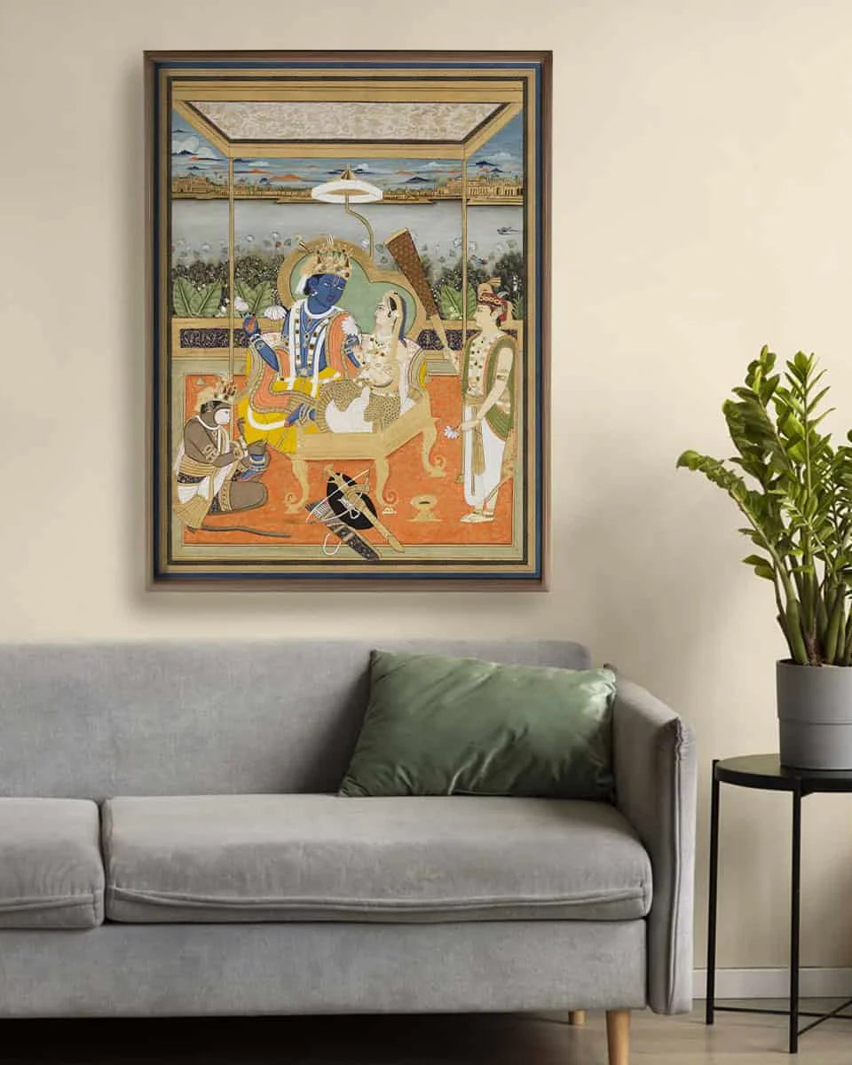 Ramayan Vintage Indian Painting Wall Art Frameless Digital Print Poster 36 x 48 inches - Marble Lotus - Ram Durbar Vintage Indian Painting Wall Art Digital Print Poster 36 x 48 inches Wall Art for Living Room Decor Wall Art