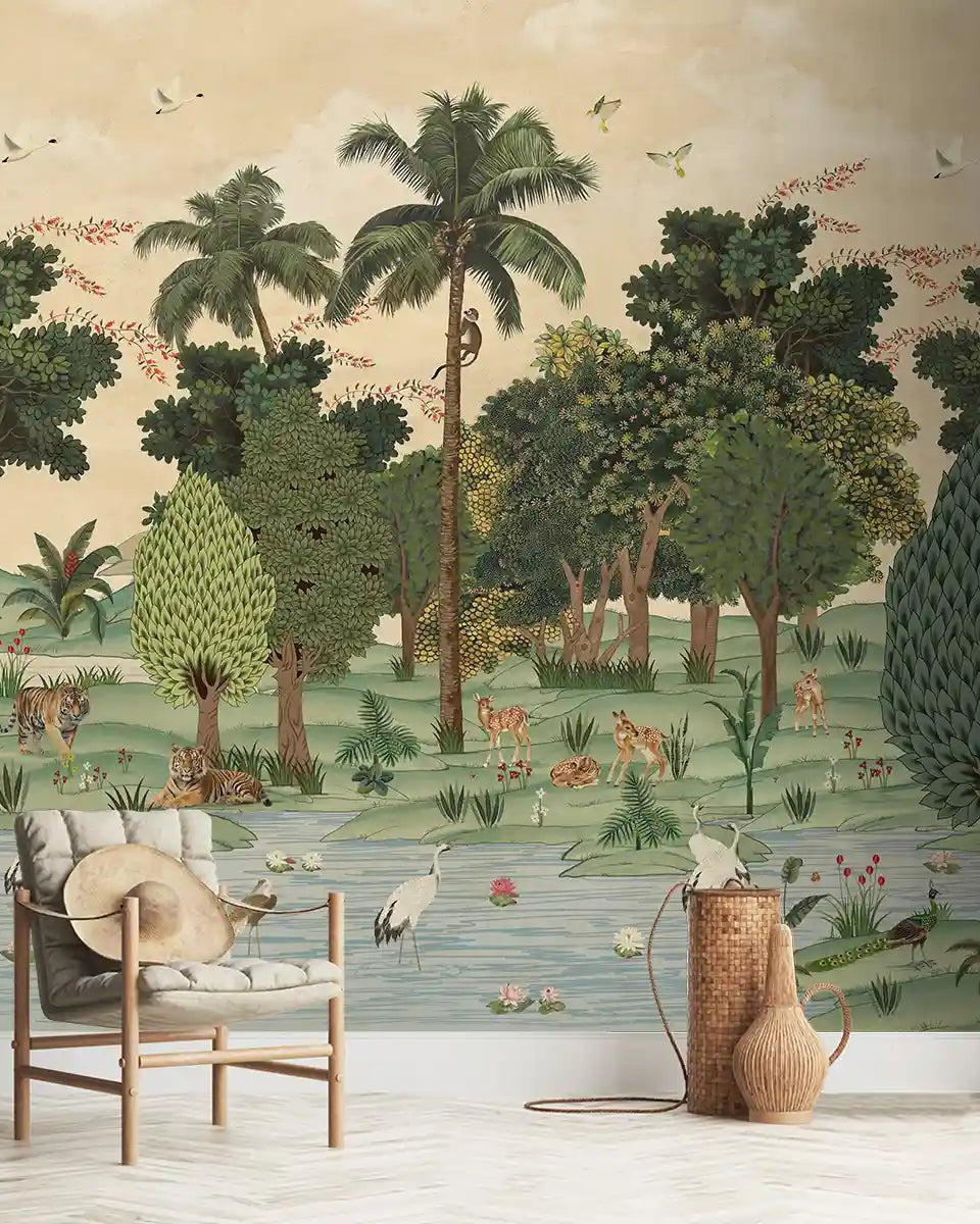 Ran Shringar Wallpaper Depicting Ranthambore Forest Designed for Walls Creamish Beige - Marble Lotus - Ran Shringar Wallpaper Depicting Ranthambore Forest Designed for Walls muddy creamish beige