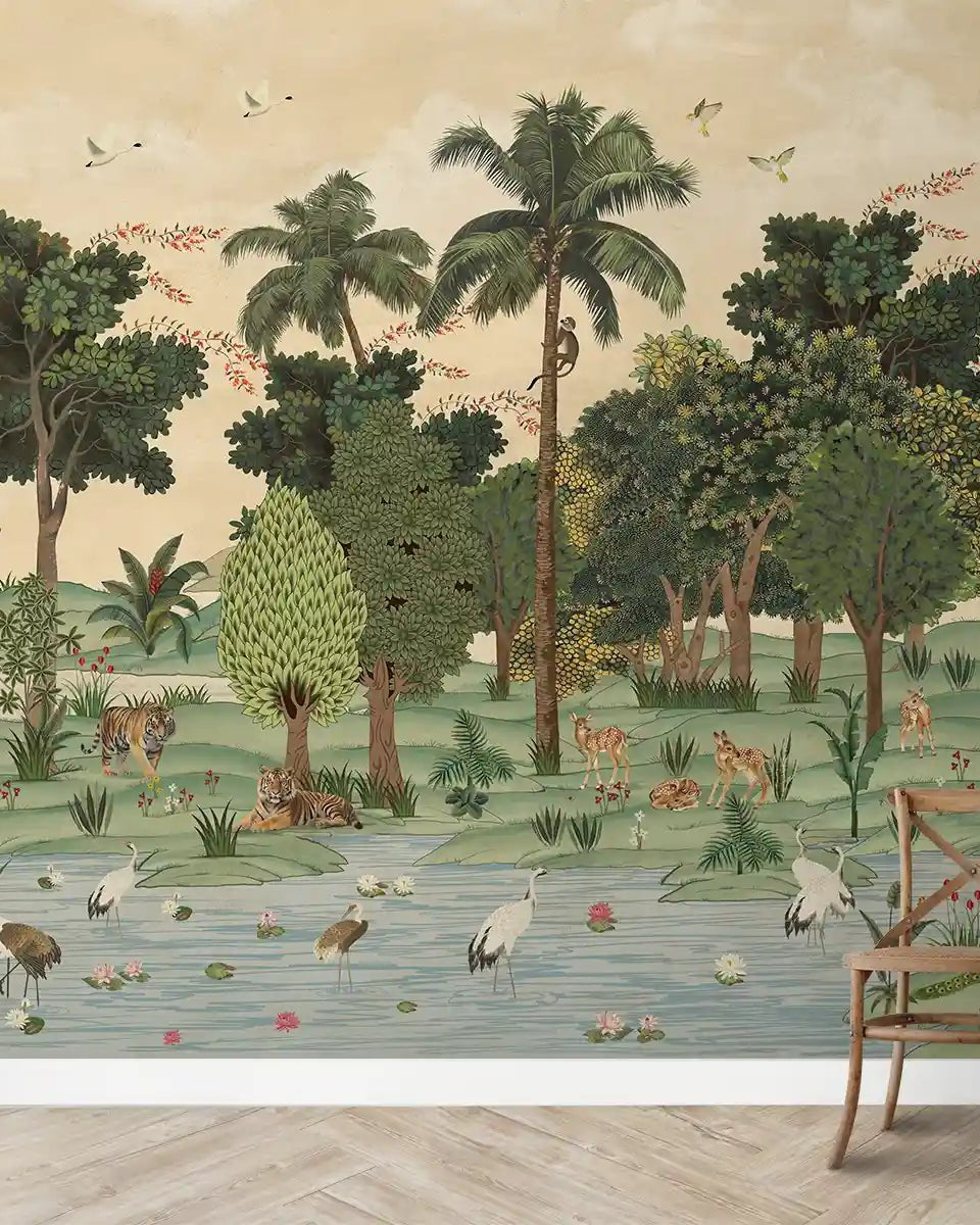 Ran Shringar Wallpaper Depicting Ranthambore Forest Designed for Walls Creamish Beige - Marble Lotus - Ran Shringar Wallpaper Depicting Ranthambore Forest Designed for Walls muddy creamish beige