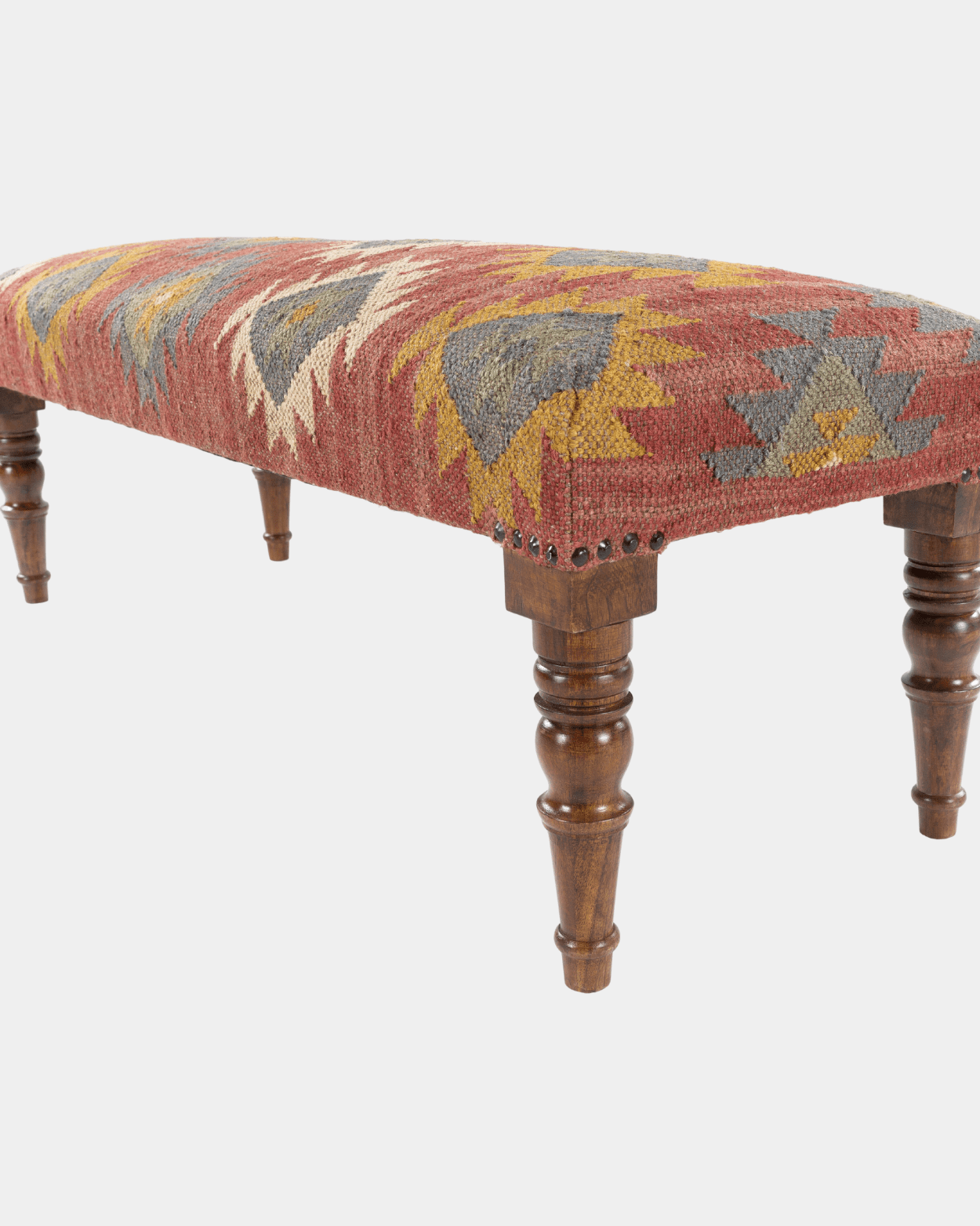 Red Ikat Bench - Marble Lotus - Hand - Woven Red Ikat Wooden Bench