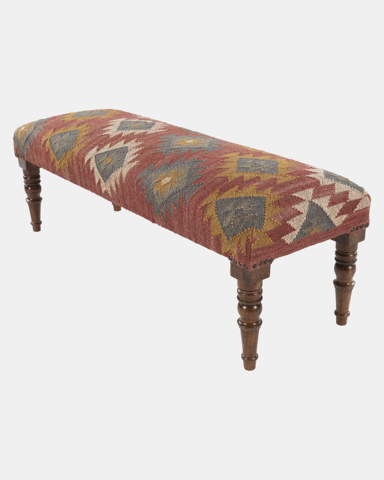 Red Ikat Bench - Marble Lotus - Hand - Woven Red Ikat Wooden Bench