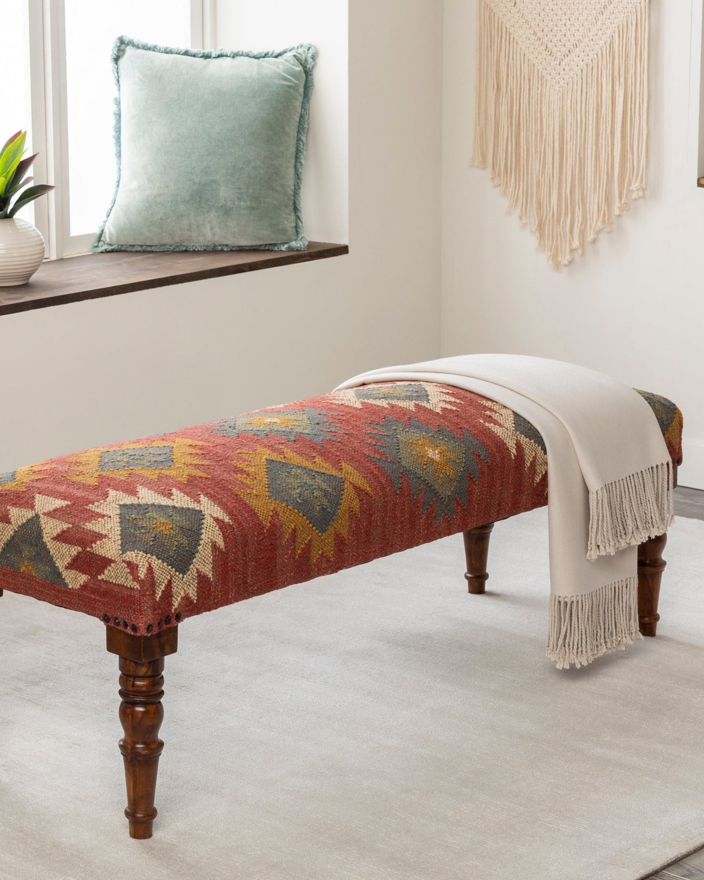 Red Ikat Bench - Marble Lotus - Hand - Woven Red Ikat Wooden Bench