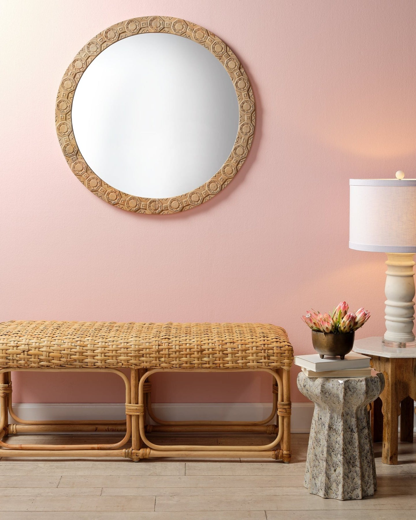 Relief Wood Carved Round Mirror - Marble Lotus - Relief Wood Carved Round Mirror