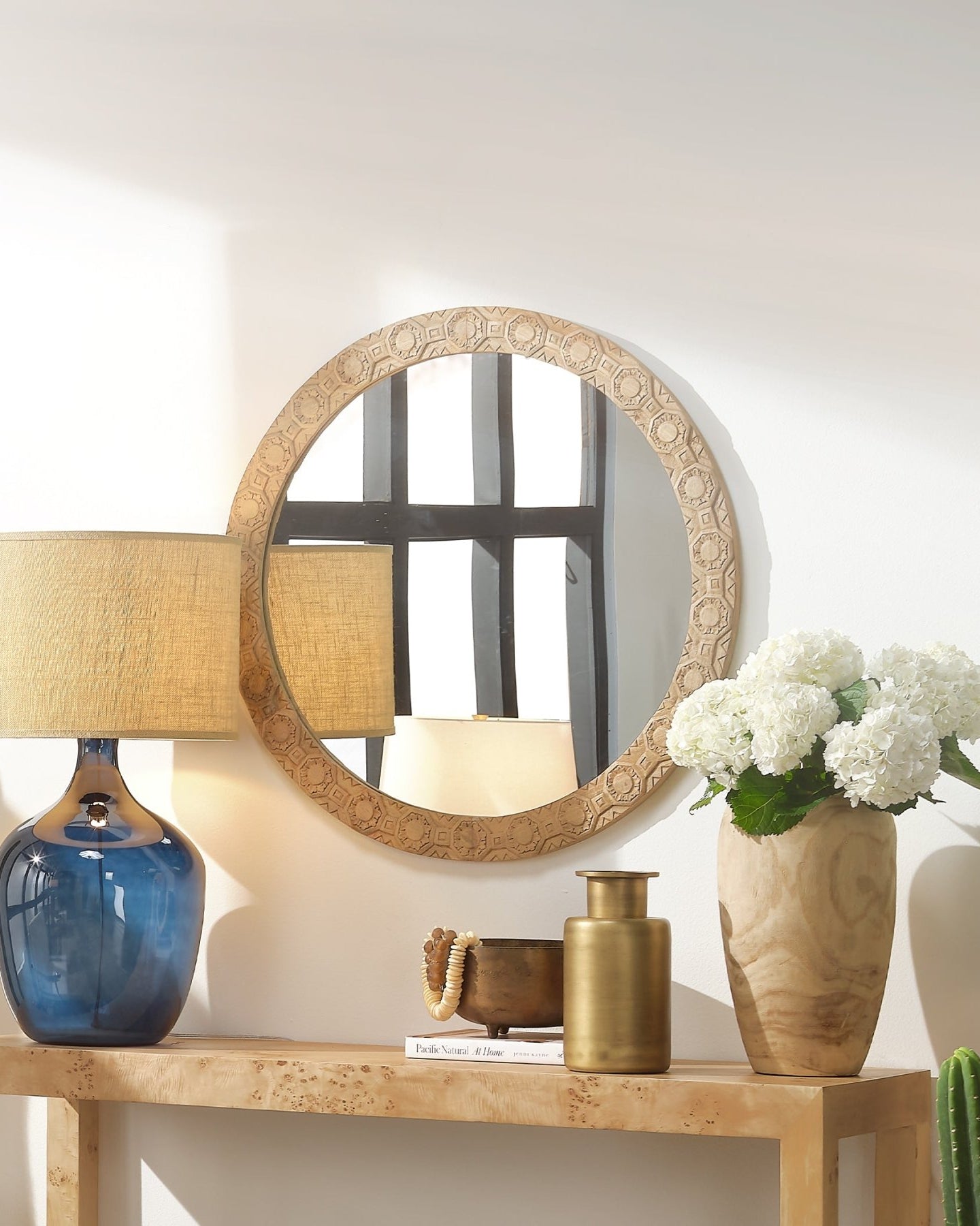 Relief Wood Carved Round Mirror - Marble Lotus - Relief Wood Carved Round Mirror