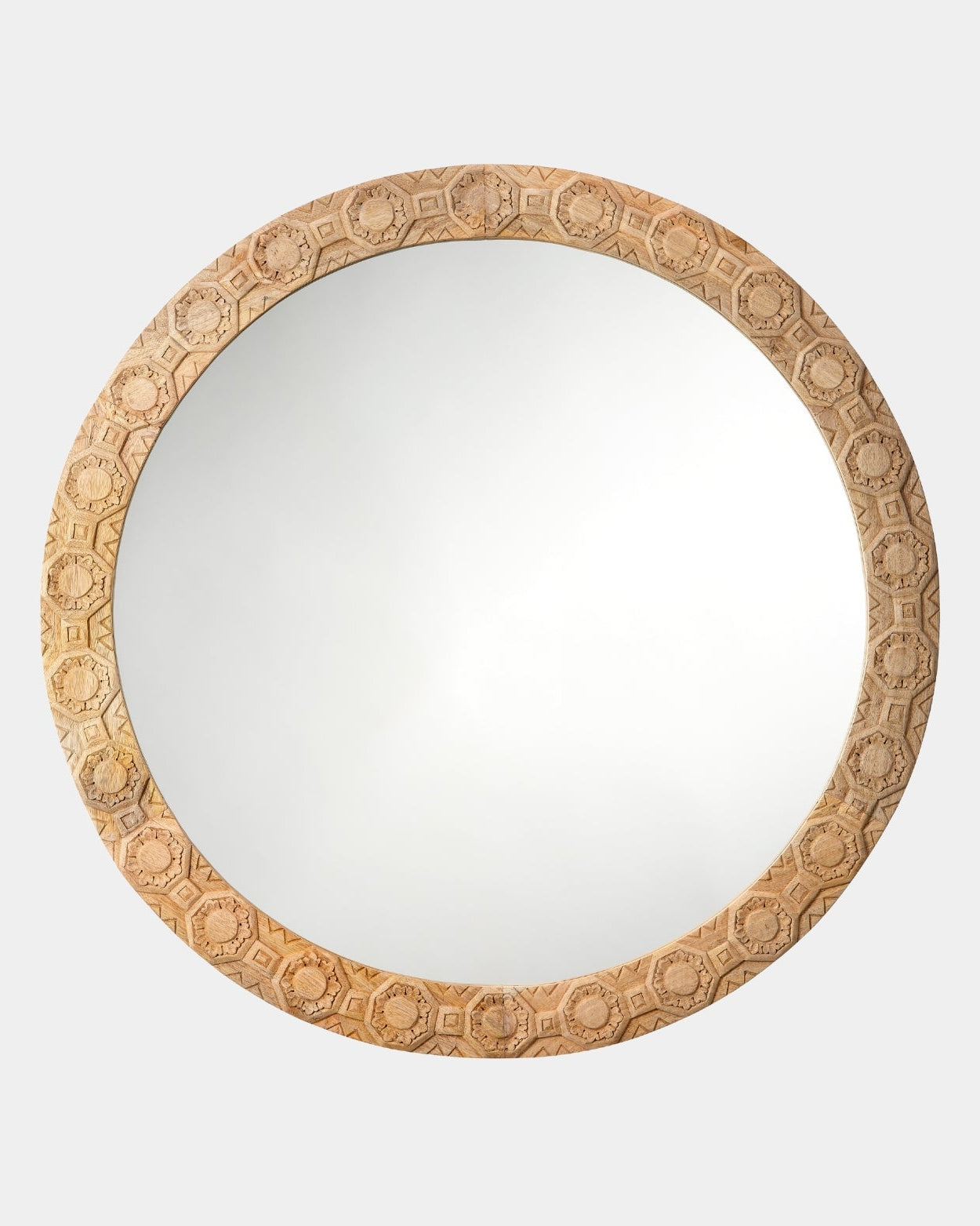 Relief Wood Carved Round Mirror - Marble Lotus - Relief Wood Carved Round Mirror