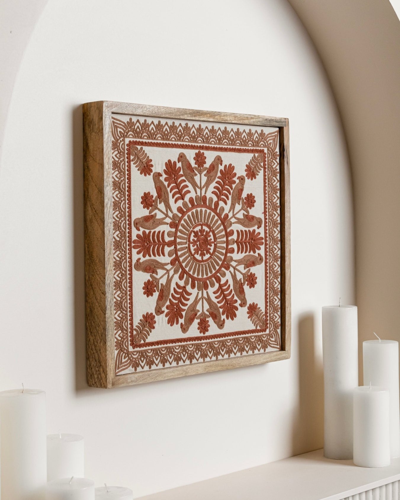 Rust Framed Suzani Textile 16x16" - Marble Lotus - Suzani Textile | Red Framed Textile Art 16x16"